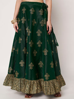 Studio Rasa - Dupion Printed Ruffle Bias Green Skirt