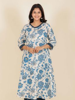 ARAMYA - Cream Linen Cotton A-Line Floral Print Kurta