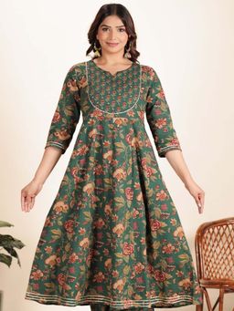 ARAMYA - Green Soft Cotton Anarkali Floral Print Kurta