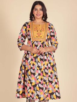 ARAMYA - Black Soft Cotton Panelled Floral Print Kurta