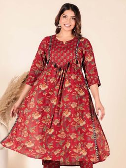 ARAMYA - Red Soft Cotton A-Line Floral Print Kurta