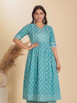 ARAMYA - Blue Soft Cotton A-Line Block Print Kurta