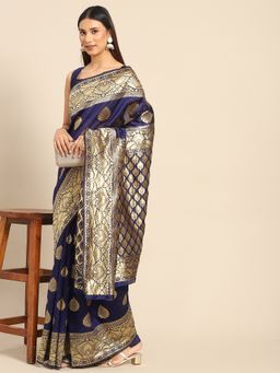 Akhilam - Womens Silk Blend Navy Blue Woven Design Designer Saree with Unstitched Blouse