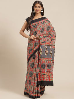 Yufta - Women Olive and Red Ajrak Print Cotton Saree with Unstitched Blouse