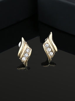 Estele - Gold Plated Leaf Textured Stud Earrings with White Crystals for Women