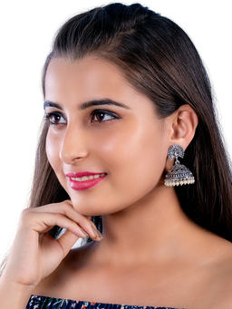 Estele - Rhodium Plated Oxidised Peacock Jhumki Earrings with Pearl for Women