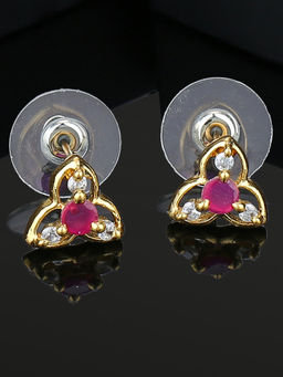 Estele - Gold Plated CZ Floral Designer Stud Earrings with Crystal & Ruby Stone for Women