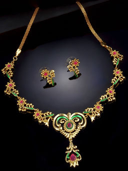 Estele - Gold Plated CZ Peepal Designer Necklace Set with Green Enamel & Ruby for Women
