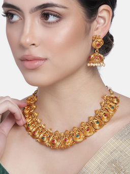 Estele - Gold Plated Holy Swan Nakshi Temple Necklace Set with Crystals and Pearls for Women
