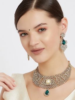 Estele - Gold & Rhodium Plated Emerald and Diamond Heavy Choker Necklace Set for Women