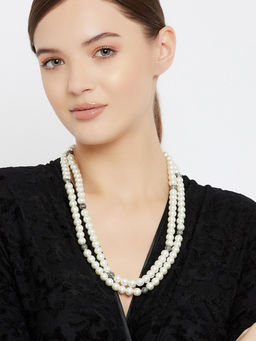 Estele - Rhodium Plated Long Single Line Three Style White Pearl String Necklace for Women
