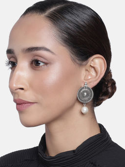 Estele - Rhodium Plated Oxidized Sun Shaped Drop Earrings with Pearl for Women/Girls