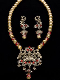 Estele - Gold Plated Antique Laxmi Devi & Peacock Textured Necklace Set with Pearl for Women
