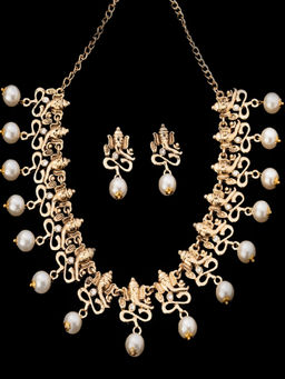 Estele - Gold Plated Antique Divine Ganesh Choker Necklace Set with Glowing Pearls for Women
