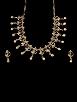 Estele - Gold Plated Antique Spiritual Om Shaped Necklace Set with Glowing Pearls for Women