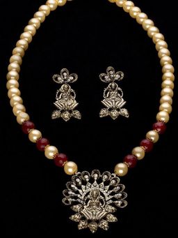 Estele - Gold Plated Exquisite Laxmi Devi Pearl Necklace Set with Crystals for Women