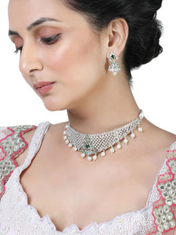 Estele - Rhodium Plated Cz Traditional Bridal Choker Set With Pearls For Women (Set of 2)
