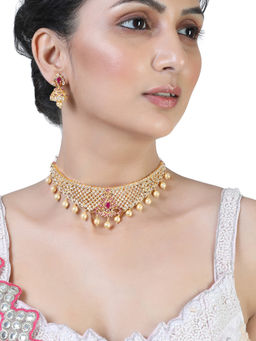 Estele - Gold Plated Cz Traditional Bridal Choker With Pearls And Ruby Crystals For Women (Set of 2)