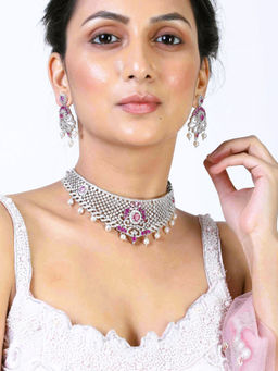 Estele - Rhodium Plated Cz Traditional Bridal Choker Set With Pearls And Crystals For Women (Set of 2)