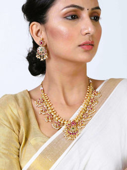 Estele - Gold Plated Cz Traditional Machilipatnam Bridal Necklace Set With Pearls For Women (Set of 2)