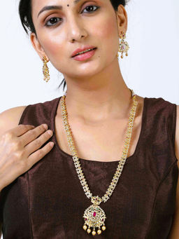 Estele - Gold Plated Cz Designer Bridal Necklace With Pearls And Colored Stones For Women (Set of 2)