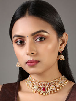 Estele - Gold Plated Cz Floral Design Bridal Choker Necklace Set With Pearls For Women (Set of 2)