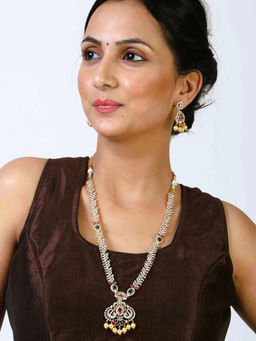 Estele - Gold Plated Cz Peacock Inspired Long Necklace Set With Pearls For Women (Set of 2)