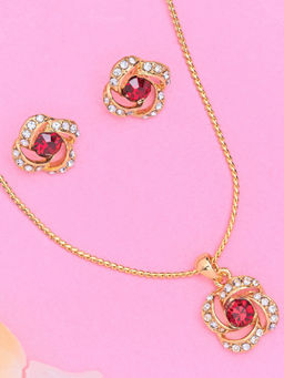 Estele - Gold Plated Flower Shaped Necklace with Crystals for Women (Set of 2)