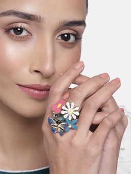 Estele - Gold Plated Gardenia Finger Ring with Enamel & Crystals for Women