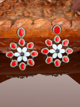 Estele - Gold Plated Red Flower Fancy Stylish Hanging Earrings for Women