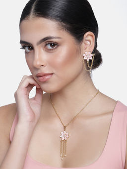 Estele - Rose Gold Plated Flower Petal Rhinestones & Pearls Drop Pendant for Women (Set of 2)