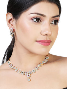 Estele - Gold Plated CZ Circular Designer Floral Necklace for Women (Set of 2)