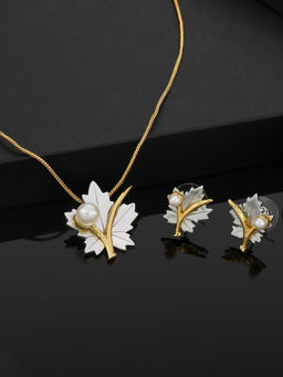 Estele - Gold and Rhodium Plated Leafy Designer Pendant Necklace with Pearl for Women (Set of 2)