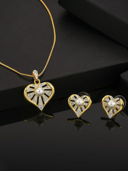 Estele - Gold and Rhodium Plated Blissful Heart Designer Pendant Necklace with Pearl (Set of 2)