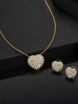 Estele - Gold Plated Heart Designer Pendant Necklace with Crystals for Women (Set of 2)
