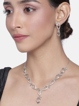 Estele - Rhodium Plated Leafy Designer Necklace with Crystals for Women (Set of 2)