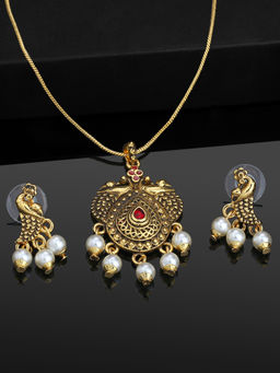 Estele - Gold Plated Peacock Designer Pendant Necklace with Pearl for Women (Set of 2)