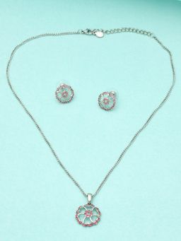 Estele - Rhodium Plated Flower Designer Pendant Necklace with Crystals for Women (Set of 2)