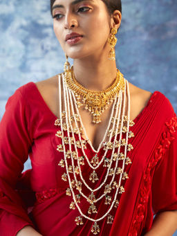 Estele - Gold Plated Gorgeous Multi String Necklace with Pearls for Women (Set of 2)