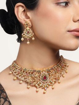 Estele - Gold Plated CZ Magnificent Bridal Necklace Set with Pearls for Women