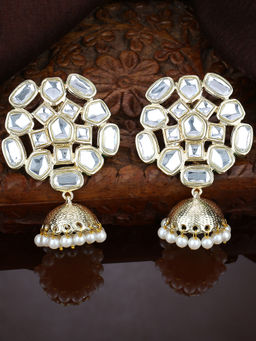 Estele - Gold Plated Flower Shaped Kundan Jhumki Earrings with Pearls for Women