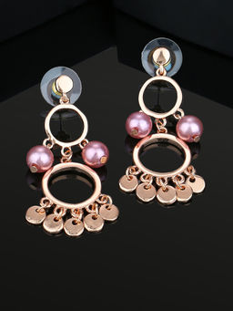 Estele - Rose Gold Plated Double Circle Dangle Earrings with Pearl for Women
