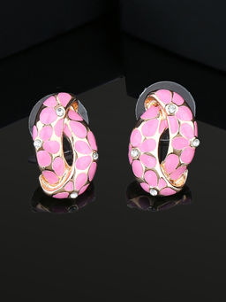 Estele - Rose Gold Plated Flower Print Earrings with Crystals and Pink Enamel for Women