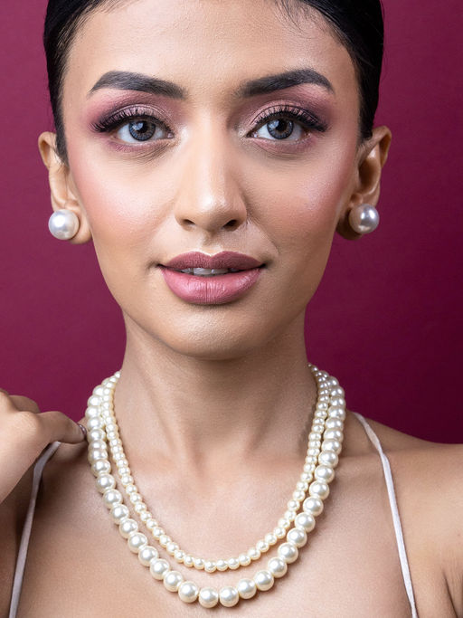 Estele Rhodium Plated Stunning Double Line Pearl Necklace Set for Women