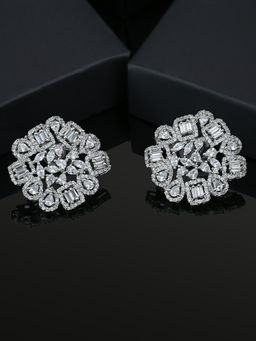 Estele - Rhodium Plated CZ Fascinating Flower Shaped Stud Earrings for Women
