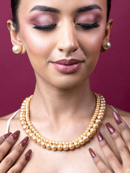 Estele - Rhodium Plated Glowing Double Line Pearl Necklace Set for Women