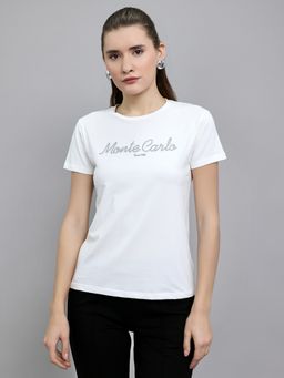 Monte Carlo - Womens White Regular Fit Round Neck Half Sleeve T-Shirt