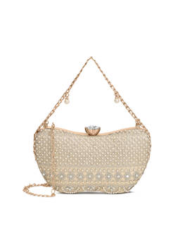 Lavie Signature - Nilo Pearl Embellished Gold Clutch with Detachable Chain Strap (S)