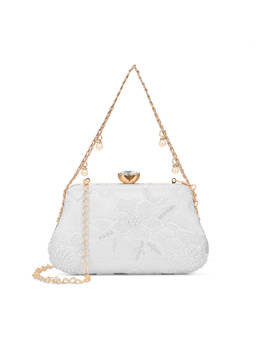Lavie Signature - Zora Fabric Embroidered White Clutch with Detachable Chain Strap (S)