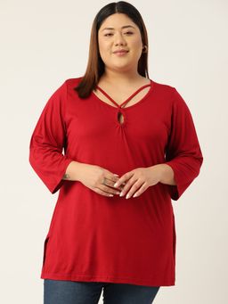 theRebelinme - Plus Size Womens Maroon Solid Color Keyhole Neck Knitted Top
